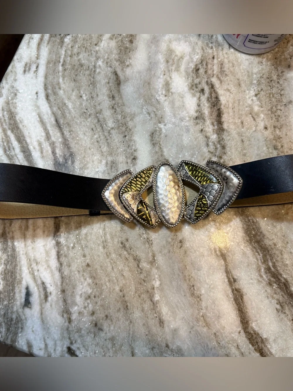 Chico’s Genuine Leather Statement Belt Black Silver Gold Boho Western SM/MED